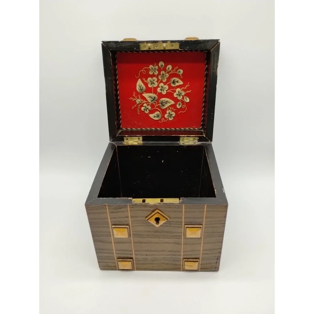 Victorian English Tea Caddy/ Jewelry Casket Box Wood Brass Studs Inlay c1870